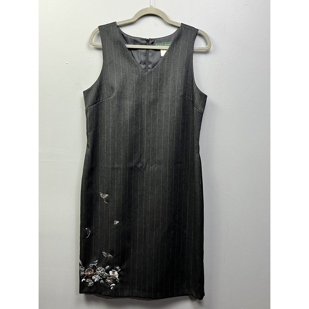 Harve Benard Sheath‎ Dress Womens 10 Grey Pinstripe Wool Floral Embroidered
